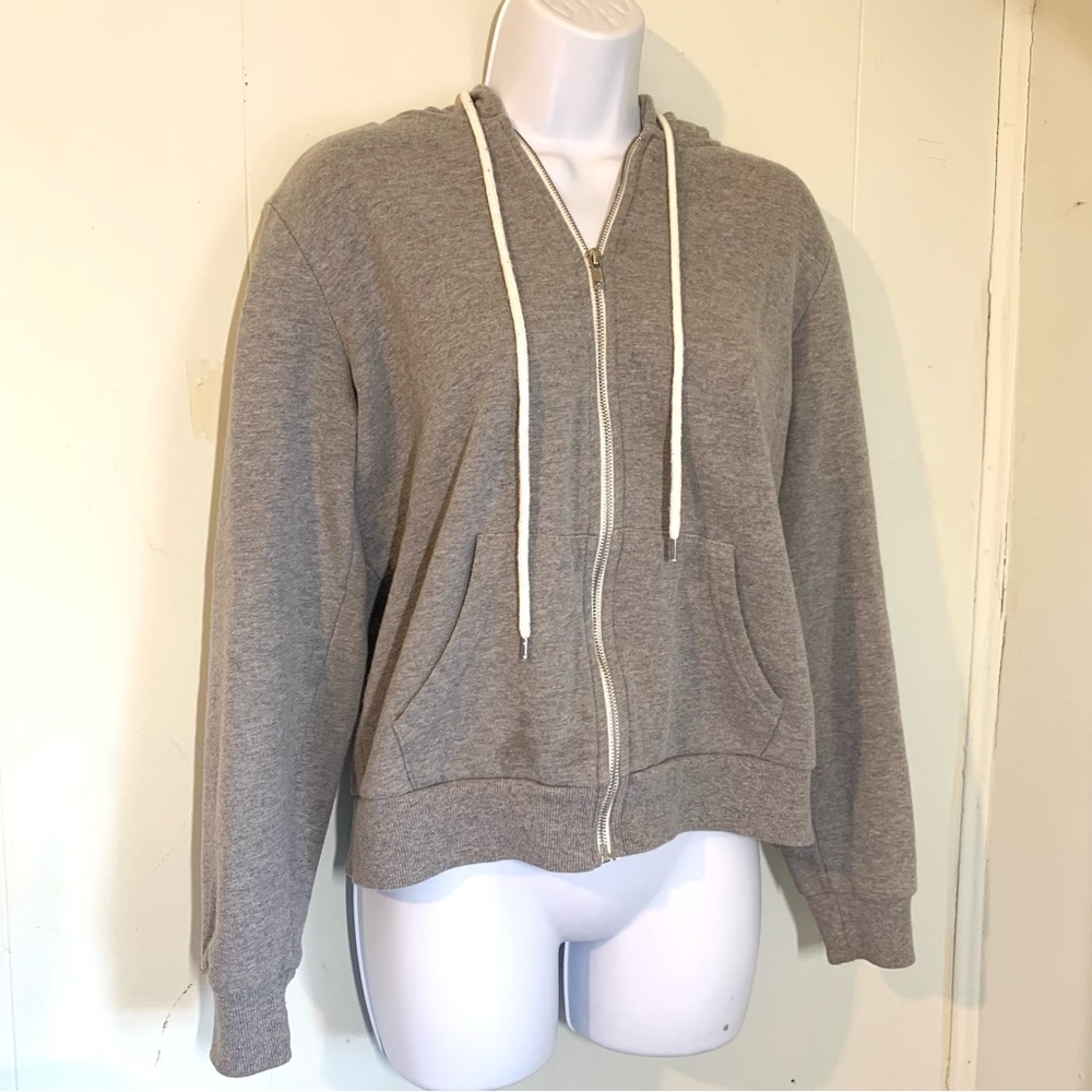 Forever 21 Gray & White Fleece lined zip-up drawstring hoodie size L